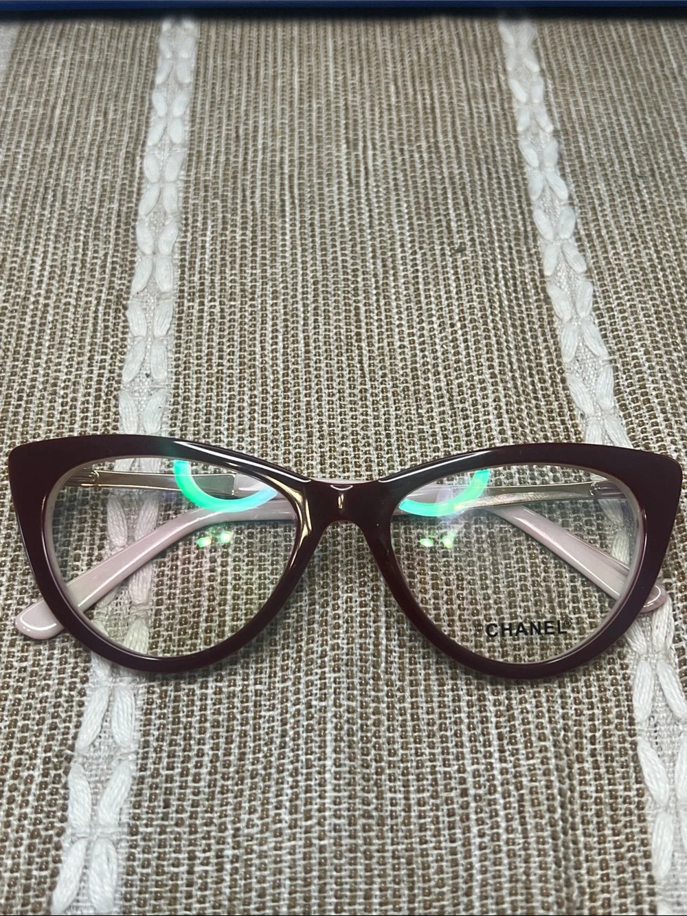 CHANEL Women's Cat-Eye Glasses in Burgundy with Light Pink Temples